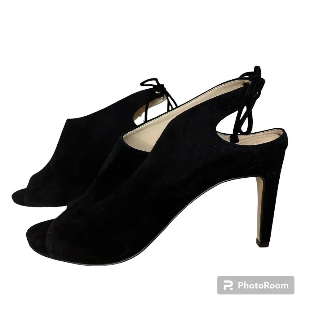 Cole Haan Emmett Bootie Black Suede Tie Ankle Open Toe Heel Size 9.5 B